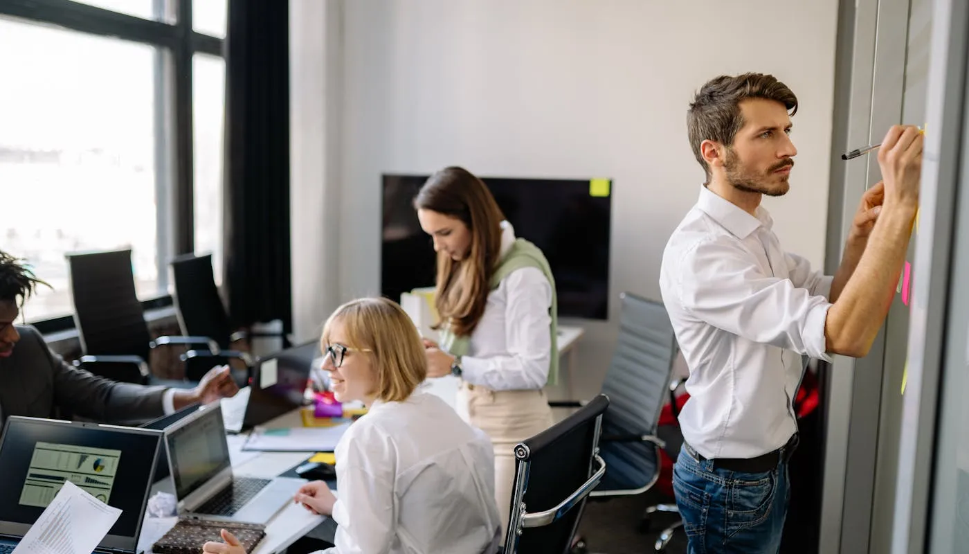 Diverse team collaborating in a modern office
